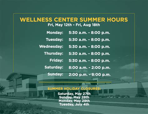Und wellness center hours - Wellness Center Membership. At the UND Wellness Center, we take pride in helping our members live a balanced life by encouraging them to embrace the 7 Dimensions of Wellness. We encourage all prospective and current members to stop by the Wellness Center and visit with our staff to learn more about membership opportunities and to take a tour of ... 